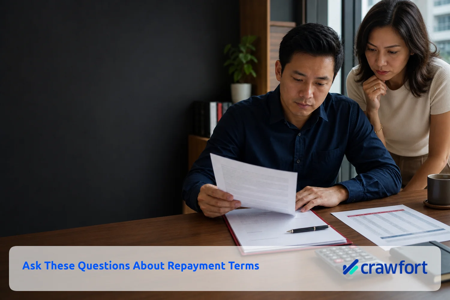 Two borrowers comparing repayment terms, fees and a loan schedule before signing