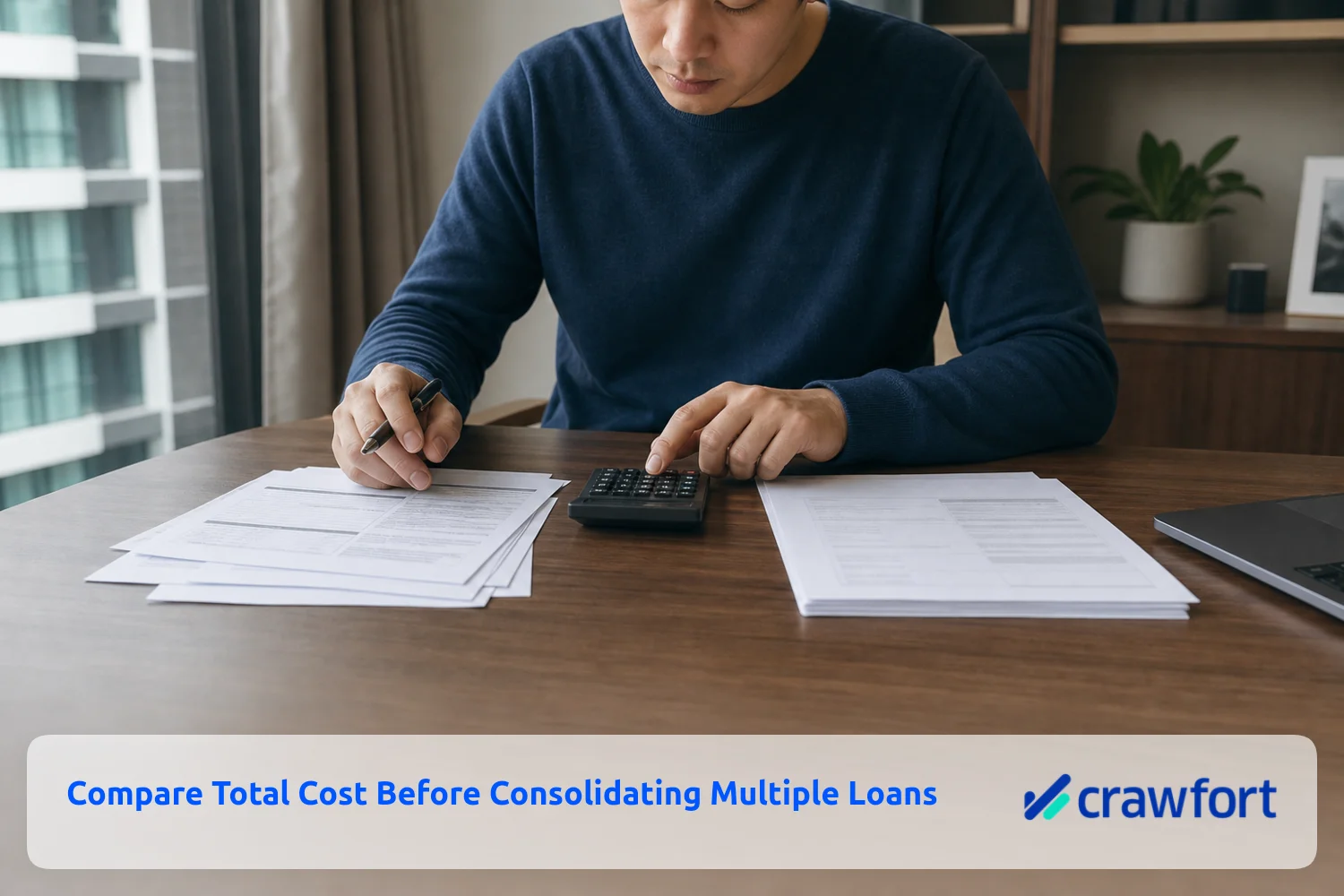 Borrower comparing two groups of loan statements with a calculator