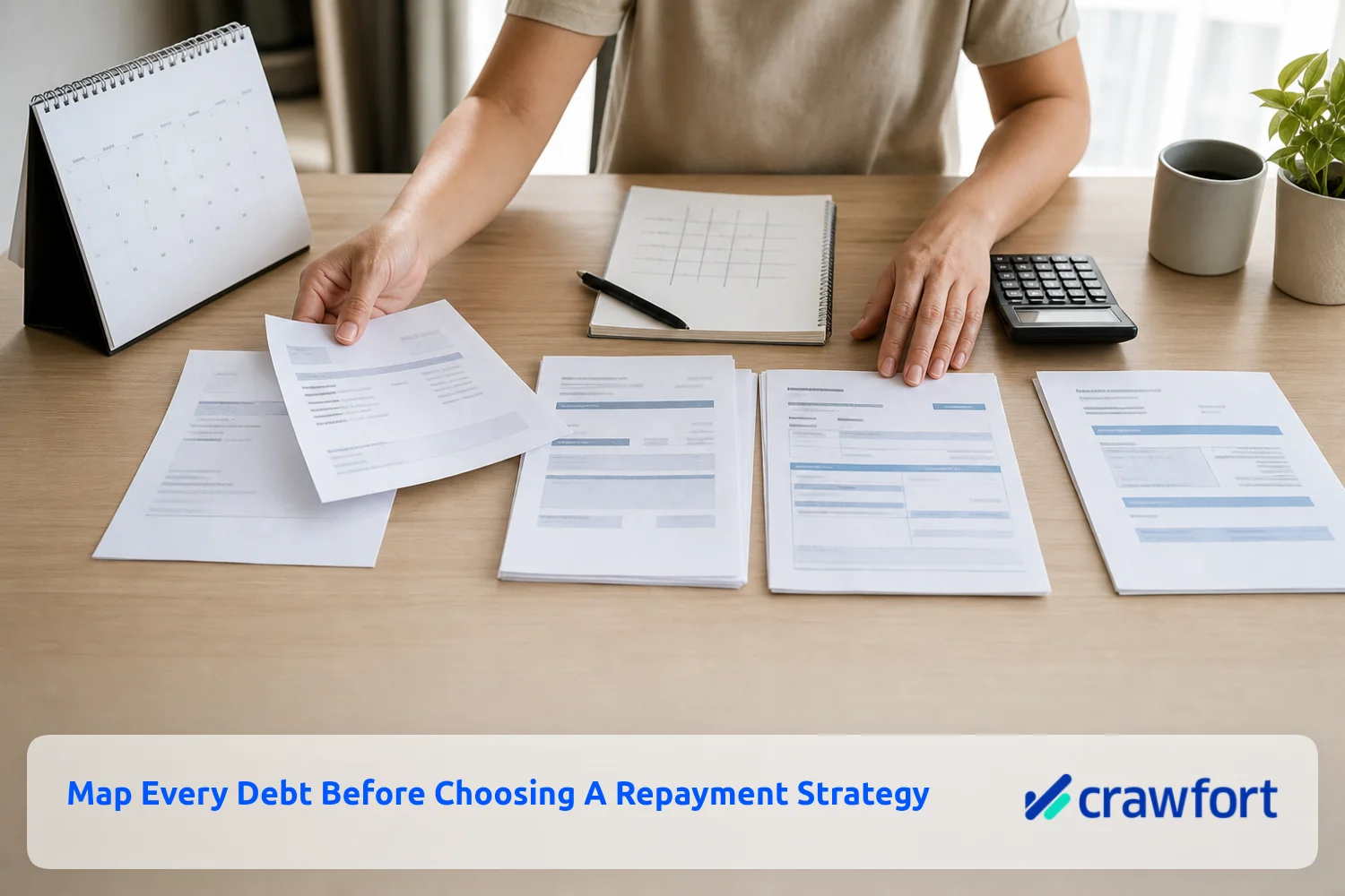 Loan statements being arranged beside a repayment calendar and calculator